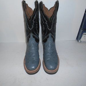 7.5 B Lucchese 2000 Denim Blue & Black Full Quill Ostrich, Crepe sole Boots.